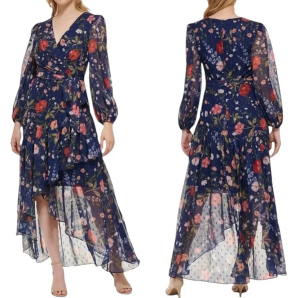 ELIZA J Floral Chiffon Surplice Asymmetric Midi Dress Navy Size 8 NWT - Picture 1 of 15